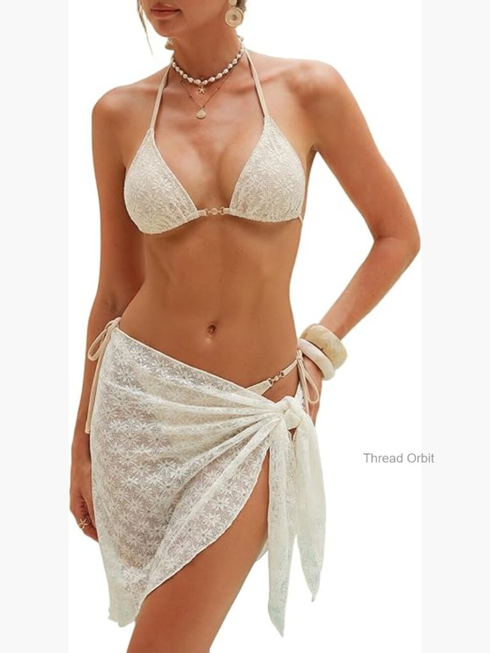 3 Piece Crochet Halter Bikini Set with Cover Up Skirt Swimsuits